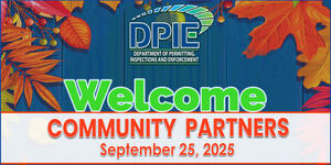 Fall Community Partners' Meeting banner with fall leaves saying "Welcome Community Partners, September 25, 2025"