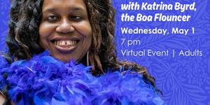 Image of Katrina with blue feather boa and event title