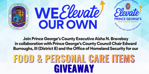 "We elevate our own" food and personal items giveaway with blue and white geometric faded background