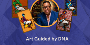 A dark blue flyer featuring images of four quilts, each quilt with a solid colored background and each featuring a different Black jockey. An image of Eugune Poole, a Black man with glasses, is in the middle of the quilts