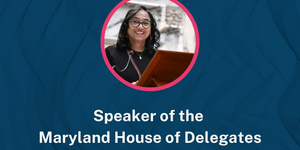 A blue flyer for OHR in Conversation featuring a headshot of Speaker Joseline A. Peña-Melnyk, a smiling Afro-Latina woman in glasses 