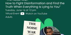 Green Lunch and Learn flyer featuring pale violet text advertising J.J. Green in conversation about his book "The Noise War," featuring an image of the author and the book jacket