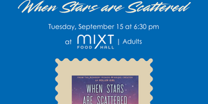 Blue flyer with white writing advertising Solidary Stories book group, with an image of the book jacket for "When Stars are Scattered"