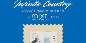 Blue Solidarity Stories graphic featuring jacket cover of the book "Infinite Country", which is designed to look like a postage stamp