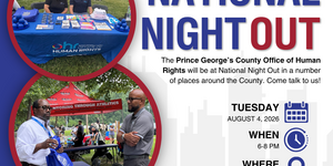 A flyer for National Night Out with blue text on a white background, with two circular pictures showing people at tables with Office of Human Rights materials
