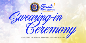 Swearing-in Ceremony Web Masthead with sparkling blue, white, and yellow background.