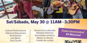 Flyer in English and Spanish for PG250 Block Party, including address, a QR code for registration, and a description of activities