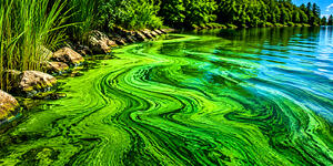 A photo of toxic blue-green algae in a pond.