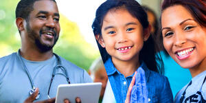 A health professional on the left providing information at a health fair, and another health professional on the right giving a happy child a high-five.