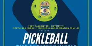 Pickleball with the police features one paddles and a green pickleball, showcasing three logos: the police badge and Maryland Parks and Planning, and Missions BBQ.