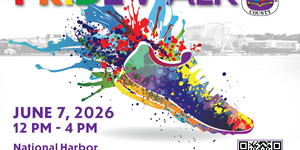 a flyer with a white background featuring a colorful running shoe with paint splashing out of it and the words PRIDE WALK in rainbow colors