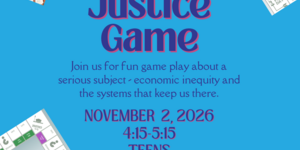 Blue social justice game flyer featuring images of the game board and a group of people playing the game