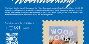 Blue flyer with white writing advertising Solidary Stories book group, with an image of the book jacket for "Woodworking" by Emily St. James