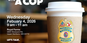 Coffee Cup with Police Badge Inviting Community to Coffee Club Event
