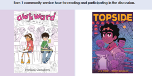 Flyer featuring July's book selection, "Awkward", and August's selection of "Topside".