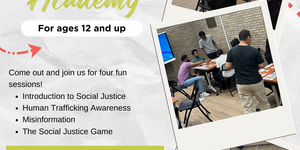 Flyer for Youth Leadership Academy featuring images of previous YLA sessions and with information about dates and times