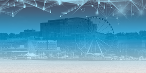 National Harbor with abstract tech cloud overlay