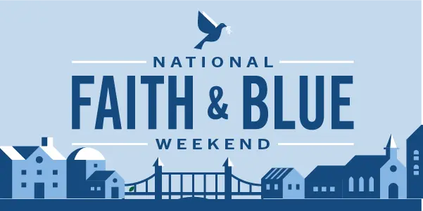 A dove flies over the National Faith and Blue weekend, featuring text and an illustrated city scene with a bridge.