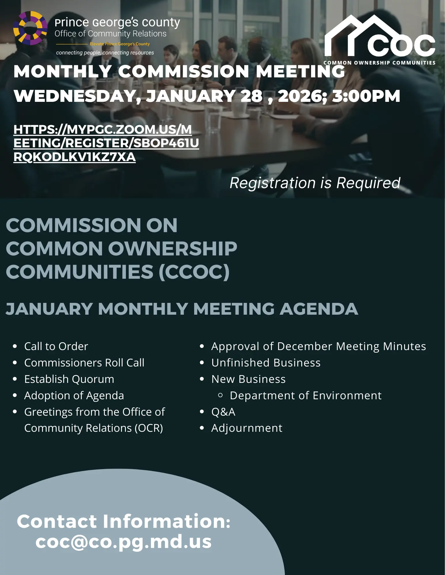 The Prince George’s County Office of Community Relations (OCR) will partner with the Commission on Common Ownership Communities (CCOC) on Wednesday, January 28, 2026, to host a virtual meeting. REGISTRATION IS REQUIRED!