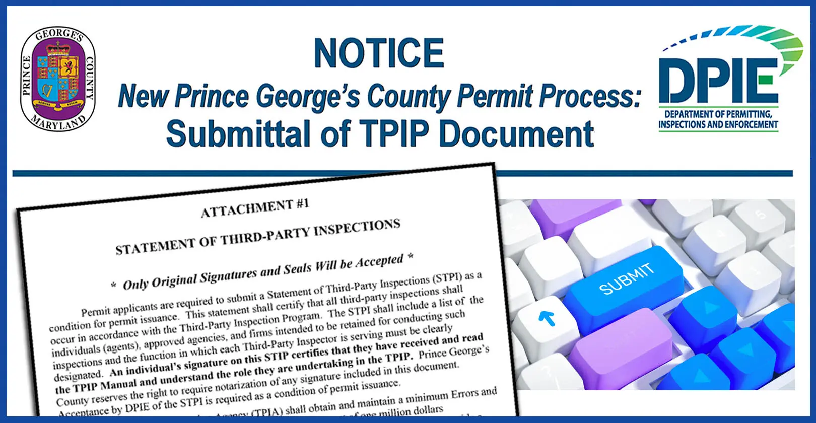 NOTICE - Submittal of TPIP Documents with graphic of Attachment 1 and keyboard showing a SUBMIT key highlighted in blue