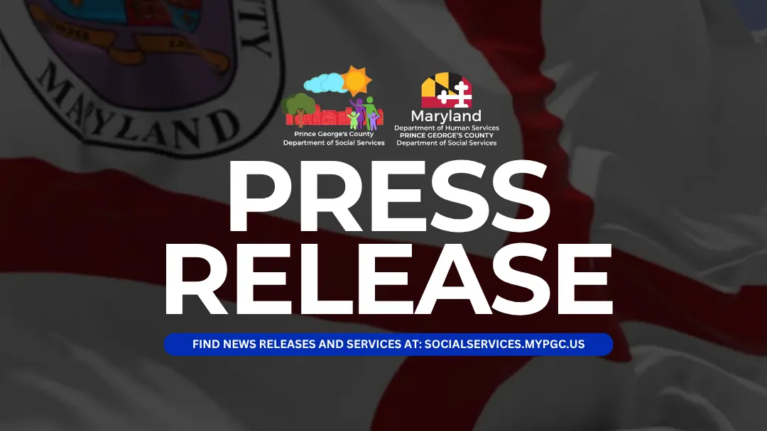 Press Release in bold white text over waving Prince George's County flag in background with low exposure 