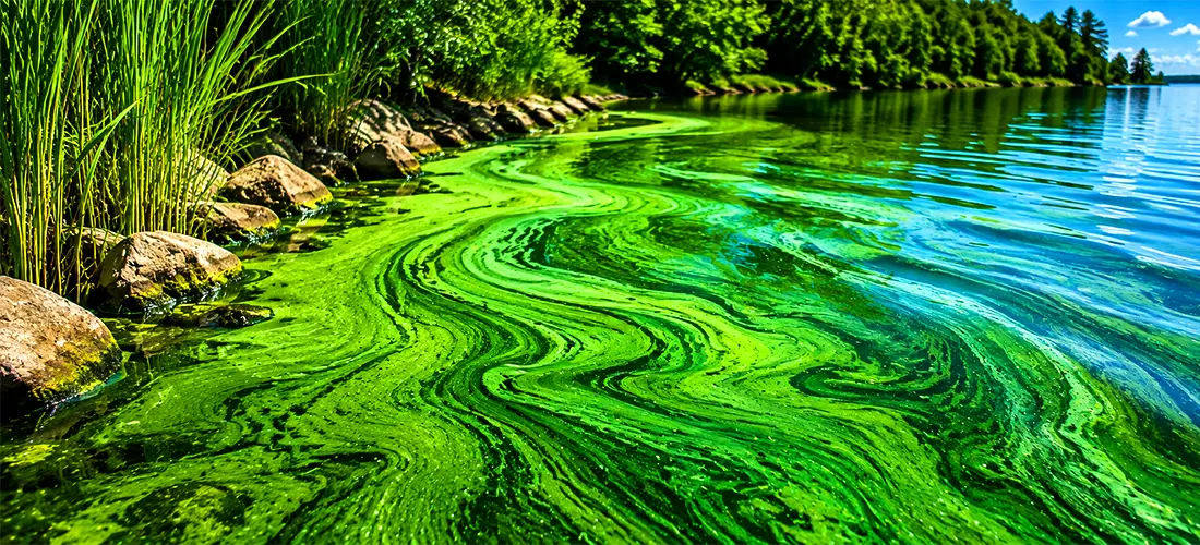 A photo of toxic blue-green algae in a pond.