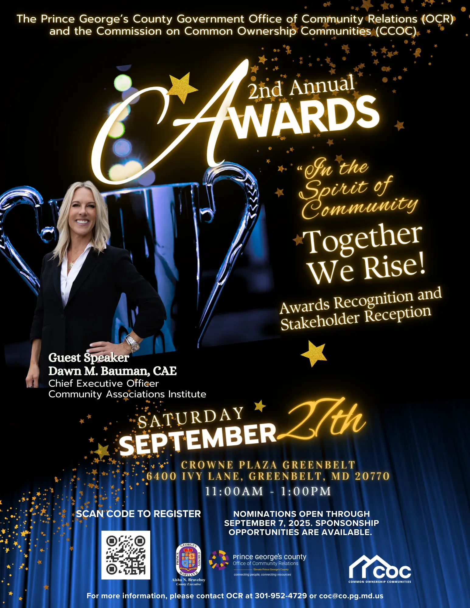 The Office of Community Relations (OCR), Common Ownership Communities Unit (COC), along with the Commission on Common Ownership Communities (CCOC) will host an Awards Recognition and Stakeholder Reception. This Reception aims to recognize the extraordinary efforts of common ownership communities throughout the County and highlight the stakeholders who serve them.  