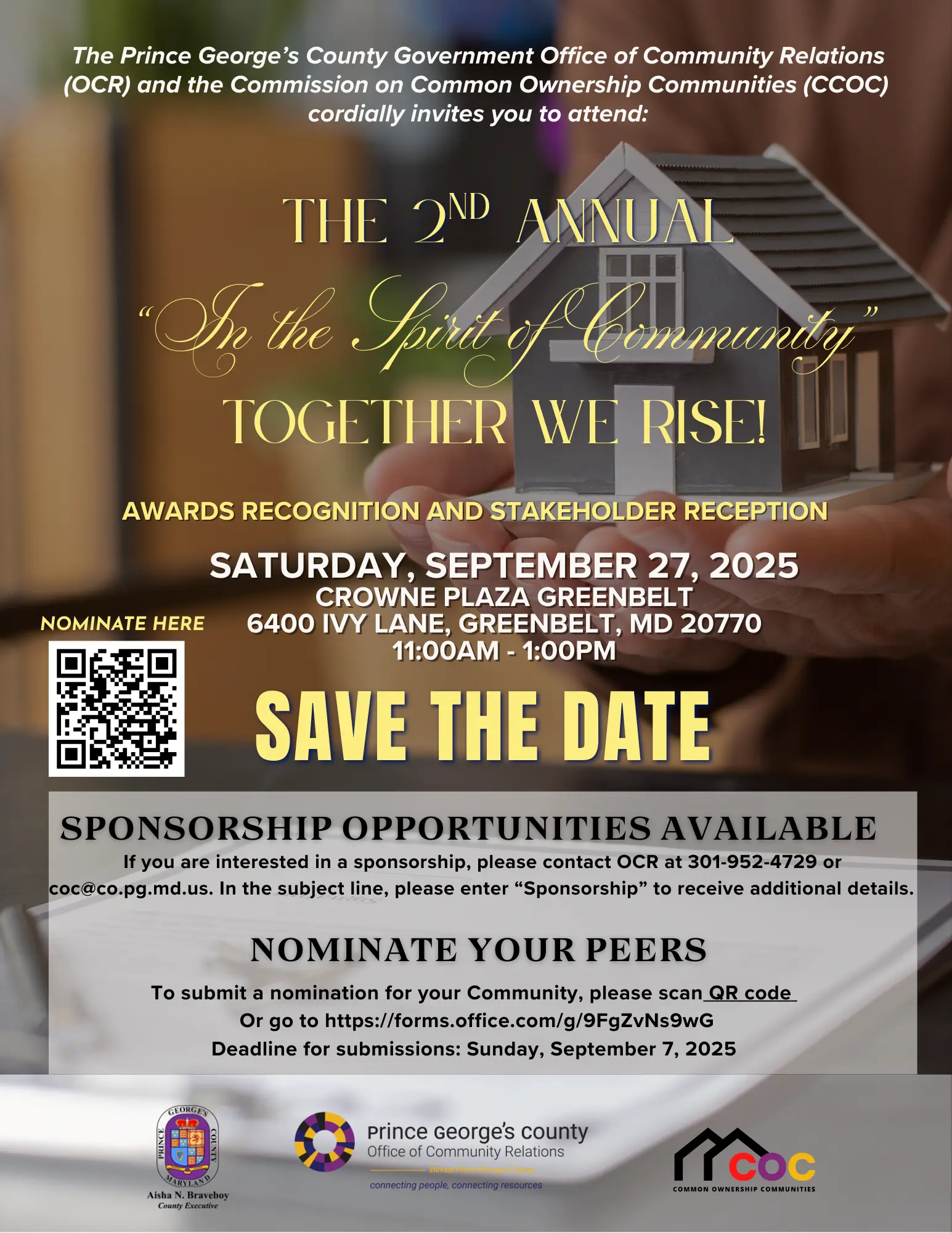 The Office of Community Relations (OCR), Common Ownership Communities Unit (COC), along with the Commission on Common Ownership Communities (CCOC) will host an Awards Recognition and Stakeholder Reception. This Reception aims to recognize the extraordinary efforts of common ownership communities throughout the County and highlight the stakeholders who serve them.