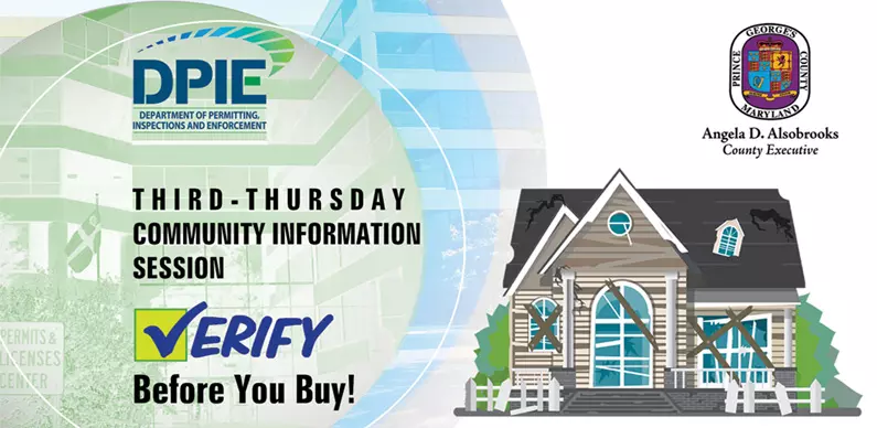 Third-Thursday Community Information Session, graphic of house showing structural problems with the words Verify before you buy