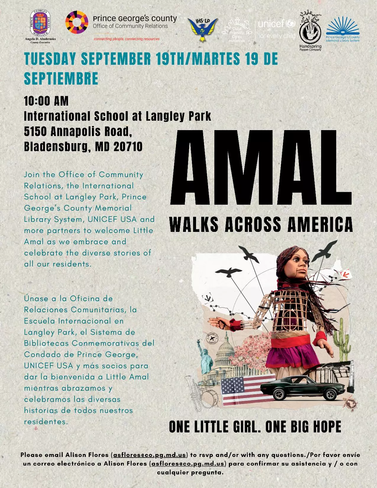 Join the Office of Community Relations, the International High School at Langley Park, UNICEF USA, and more partners to welcome Little Amal to the County, as we celebrate the diverse stories of all our residents. Learn more: https://walkwithamal.org/events/i-love-to-learn. 