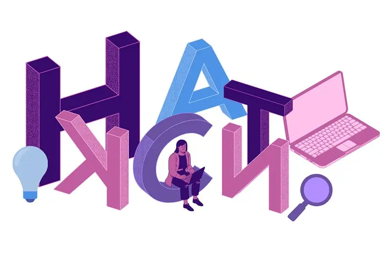 Illustration of letters, lightbulb, magnifying glass, a person and a laptop