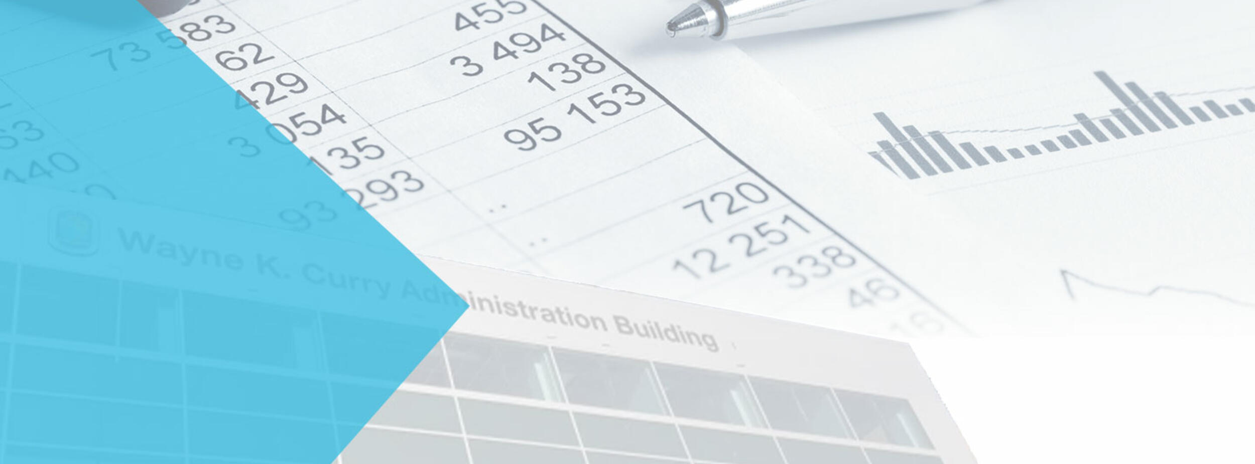 collage of pen, calculations and totals, and County administration building